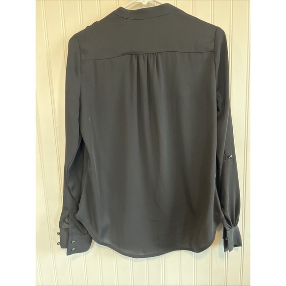 White House/Black Market Womens Black Surplice Top Roll Tab Sleeve 4 Hi-Low - Picture 6 of 9